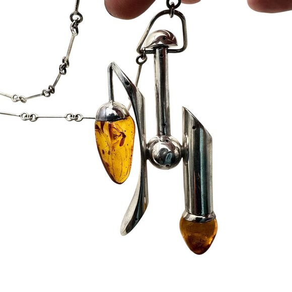 Unusual Rare Vintage Modernist Sterling Silver Amber Necklace 2 Bugs In Amber - Picture 5 of 6